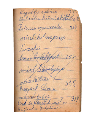 Régi jegyzetfüzet lapja, kézzel írt szövegekkel és számokkal, különböző feliratokkal.