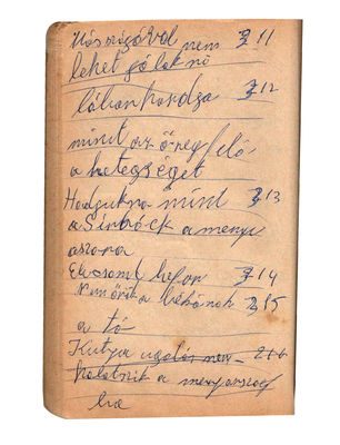 Régi jegyzetfüzet oldala, kézzel írt mondatok és számok láthatók rajta.