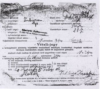 Régi magyar vételijegy gabona adásvételéről Régi magyar vételijegy, amely gabona adásvételéről szól, 1944-ből származik.