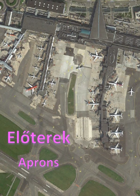 Légi felvétel egy repülőtér előteréről, ahol több repülőgép parkol.