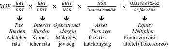 A ROE képlet összetevői: adóteher ráta, kamatteher ráta, működési jövedség, eszközhatékonyság, finanszírozási áttétel.