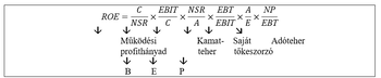 A ROE képlet részletezése, amely tartalmazza a működési profithányadot, kamatteheret, saját tőkeszorzót és adóteheret.