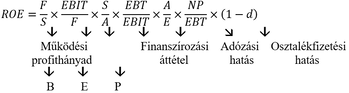 A ROE képlet részletezése, amely pénzügyi mutatókat és hatásokat tartalmaz, mint működési profithányad, finanszírozási áttétel, adózási hatás és osztalékkifizetési hatás.