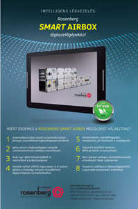 Rosenberg SMART AIRBOX légkezelőgépek reklám, kiemelve a termék előnyeit, mint az automatizálás és integrált vezérlés.