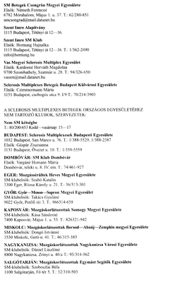 Sclerosis Multiplexes Betegek Egyesületei Magyarországon Sclerosis multiplexes betegek egyesületeinek és klubjainak listája Magyarországon, elérhetőségekkel.
