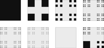 Különböző fraktál minták, a Sierpinski-szőnyeg iterációi.