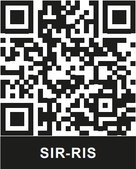 QR-kód a SIR-RIS felirattal, fekete-fehér színben.