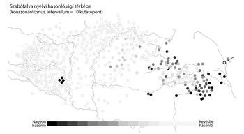 Szabófalva nyelvi hasonlósági térképe, konzonantizmus, 10 kutatópont intervallum, színárnyalatok jelzik a hasonlóság mértékét.
