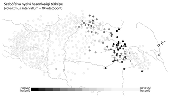 Szabófalva nyelvi hasonlósági térképe, vokalizmus alapján, jelmagyarázattal.