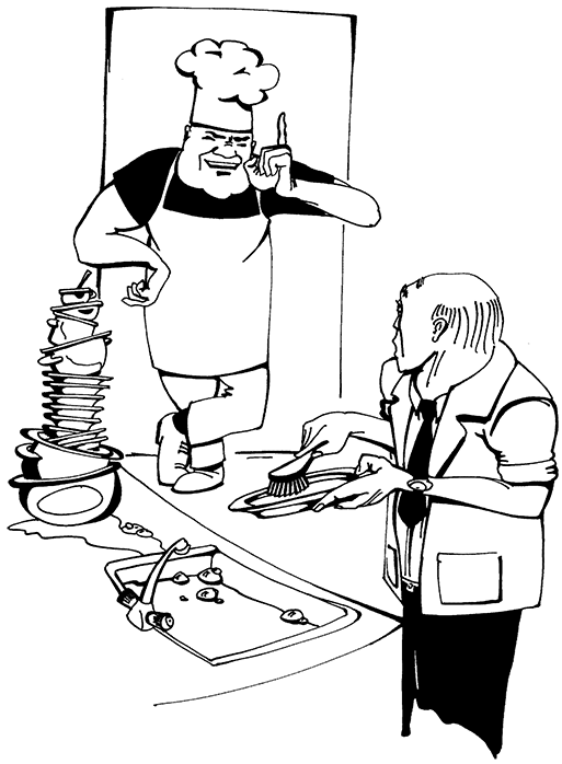 Szakács mosogatásra utasít egy férfit a konyhában Egy szakács mosogatásra utasít egy férfit, miközben a mosogató tele van piszkos edényekkel.