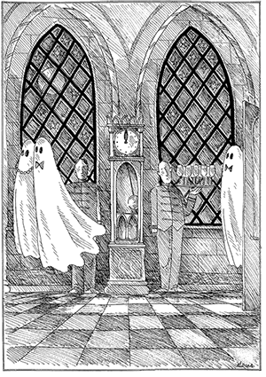 Szellemek különböző kiegészítőkkel és emberek egy óra mellett a szobában.