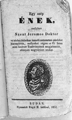 Régi könyv címlapja Szent Jeromos énekével, 1851-ben nyomtatva Budán.
