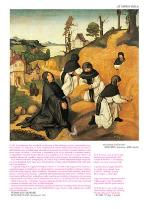 Szerzetesek aratás közben egy festői tájon Szerzetesek aratnak egy mezőn, háttérben festői táj és épületek. Középkori élet ábrázolása.