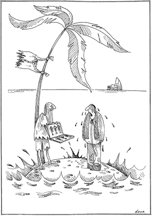 Humoros karikatúra egy szigeten álló emberekről Két ember egy kis szigeten, egyikük képeslapot mutat, háttérben süllyedő hajó.