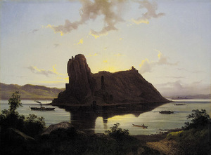 Festmény egy sziklás szigetről a Rajna folyón naplementekor, hajókkal a vízen.