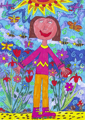 Színes gyermekrajz virágokkal és nappal Színes gyermekrajz, amely egy gyermeket ábrázol virágokkal, méhekkel, pillangókkal és napfénnyel.