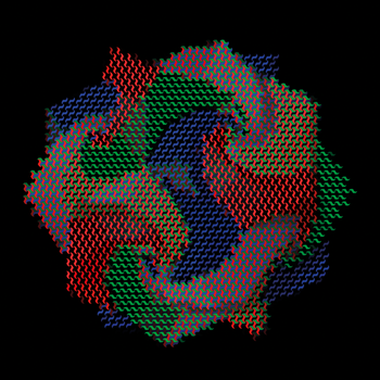 Színes, geometriai mintázat különböző színű, egymásba fonódó hullámvonalakból.