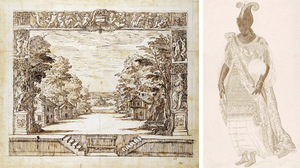 Színházi díszlet rajza vidéki tájjal és jelmezterv egzotikus ruhában.