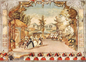 Színházi előadás, ahol szereplők és zenészek láthatók, festett vidéki táj háttérrel.