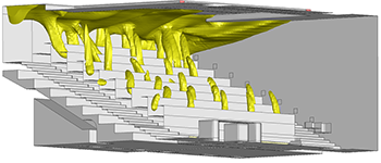 Színházterem hangterjedés szimulációja 3D modellben Színházterem belső 3D modellje, hangterjedés szimuláció sárga színnel.
