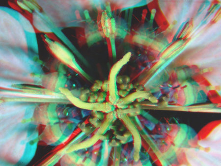 Sztereoszkópikus hatású virág közeli felvétele piros és kék színekkel