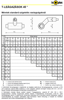 Műszaki rajz és táblázat T-leágazások 45°-os szögben, standard szigetelés vastagságokkal.