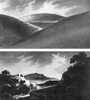 Fekete-fehér tájkép, dombos táj és völgy, út vezet egy távoli hegy felé.