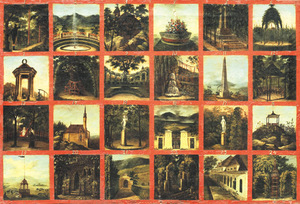 Festménysorozat különböző tájképekkel és építészeti elemekkel, piros keretben, számozva 1-től 24-ig.