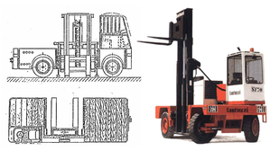Tanfuzzi targonca és műszaki rajza Tanfuzzi targonca és műszaki rajza, ipari emelőgép, oldalnézet és felülnézet.