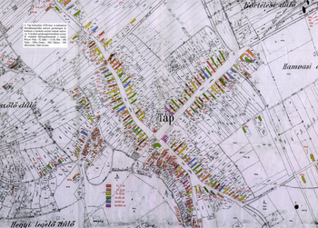 Táp település 1939-es térképe gazdasági kohézióval 1939-es térkép Táp településről, különböző birtokok gazdasági kohéziója színezéssel jelölve.