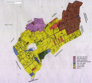 Táp határának birtokviszonyai 1939-ben térkép Térkép Táp határának birtokviszonyairól 1939-ben, különböző színekkel jelölve a területeket.