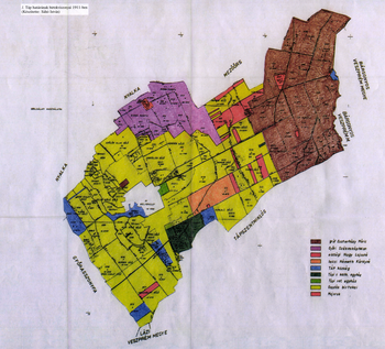 Táp határának birtokviszonyai 1911-ben térkép Térkép Táp határának birtokviszonyairól 1911-ben, különböző színekkel jelölve a birtokosokat.