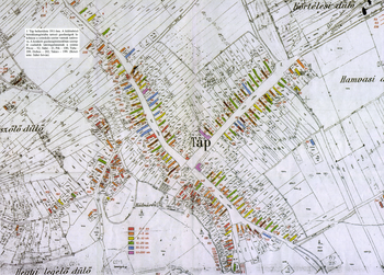 Táp település térképe 1911-ből, birtoknagyságok színskálával Táp település 1911-es térképe, különböző színekkel jelölt birtoknagyságokkal és utcákkal.