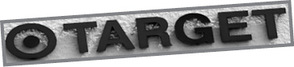 TARGET logó céltábla szimbólummal A TARGET felirat céltábla szimbólummal, fekete betűkkel, szürke háttérrel.