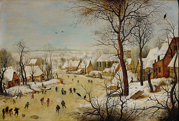 Téli táj korcsolyázó emberekkel, havas házakkal és fákkal, háttérben város sziluettje.
