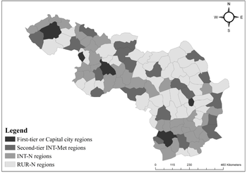 Térkép különböző régiók típusairól, színkódokkal jelölve, jelmagyarázattal.