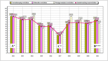 Diagram a termelékenység, értékesítés, pénzügyi realizáció és jövedelmezőség minősítéséről 2012-2021 között.