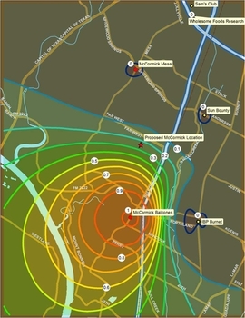 Térkép a tervezett McCormick helyszínről, koncentrikus körökkel és több helyszín megjelölésével.