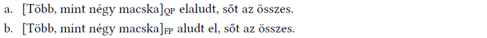 Két mondat látható, amelyek a 'Több, mint négy macska' kifejezést tartalmazzák különböző jelölésekkel: QP és FP.