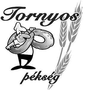 Tornyos Pékség logója egy pékkel és pereccel Tornyos Pékség logója, amely egy péket ábrázol pereccel és búzakalászokkal