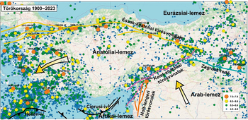 Térkép Törökország földrengéseiről 1900-2023 között, magnitúdókkal és törésvonalakkal.