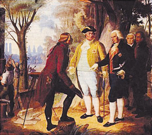 Történelmi jelenet, ahol több férfi áll egy erdős területen korabeli ruhákban, háttérben város sziluettje.