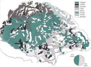 Térkép a történelmi Magyarország etnikai összetételéről, különböző színekkel jelölve a magyar, német, szlovák, rutén, szerb, horvát, román és lakatlan területeket.
