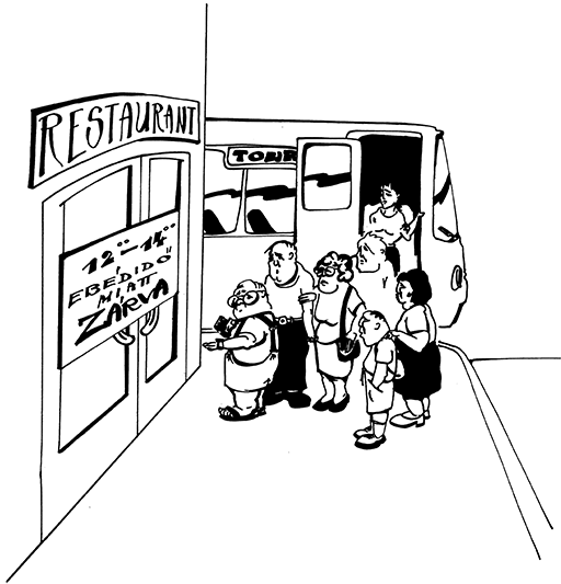 Turistacsoport egy zárva lévő étterem előtt ebédidőben Turistacsoport áll egy étterem előtt, amely ebédidő miatt zárva van, a háttérben egy busz.