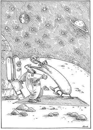 Űrhajós és földönkívüli barátságos találkozása Űrhajós és földönkívüli lény barátságosan üdvözlik egymást egy idegen bolygón, csillagokkal és bolygókkal a háttérben.