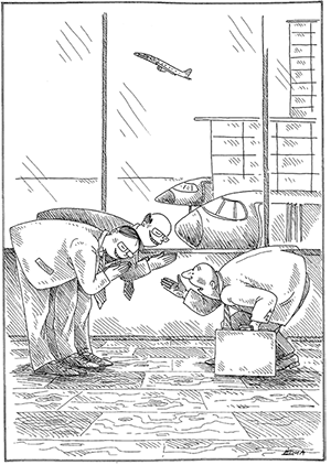 Üzletemberek vicces jelenete a repülőtéren Három üzletember hajol le a repülőtér várótermében, háttérben repülőgép.