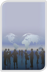 Üzleti öltözetben lévő emberek sziluettjei kommunikálnak és kezet fognak, háttérben földgömbök.