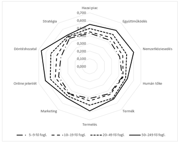 Radar diagram üzleti területek teljesítményéről különböző méretű vállalkozások esetében, mint hazai piac, stratégia, együttműködés.