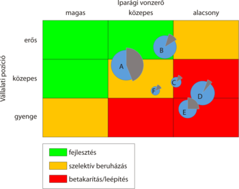 Vállalati pozíció és iparági vonzerő mátrix különböző stratégiákkal: fejlesztés, szelektív beruházás, betakarítás/leépítés.