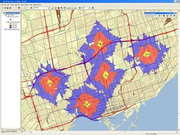 Térkép városi területről, különböző színű zónákkal jelölt szolgáltatási területek.